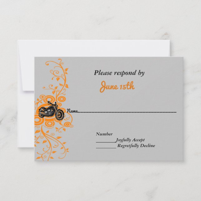 Motorcykelbröllop Grå, Orange, Svart RSVP Inbjudningar (Framsida)
