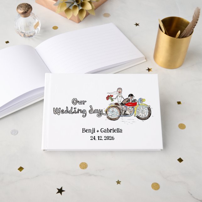 Motorcykelbrud och -brudgum på bröllop gästböcker (Framsida öppen)