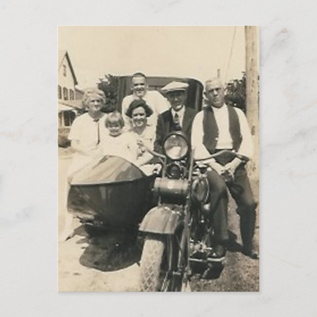motorcykelfamilj och sidvagn vykort (Framsida)