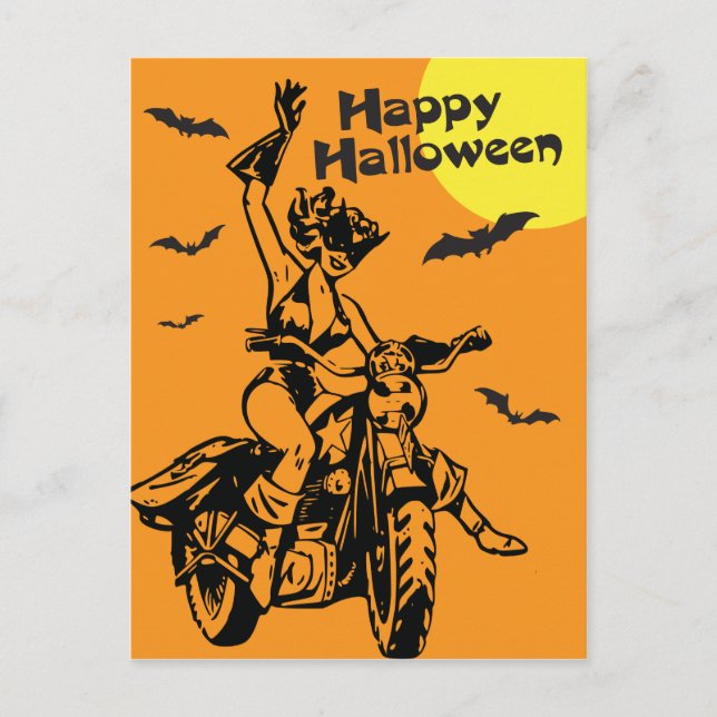 Motorcykelkvinna i happy halloween i kattdräkt vykort (Framsida)