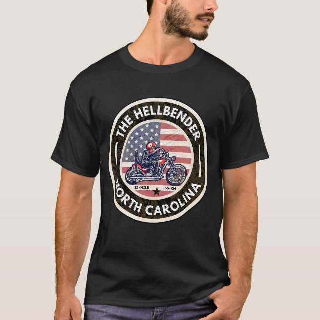Motorcykeln Hellbender Route 28 North Carolina T Shirt (Framsida)