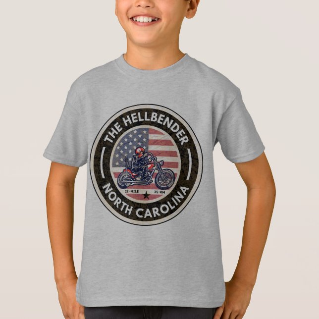 Motorcykeln Hellbender Route 28 North Carolina T Shirt (Framsida)