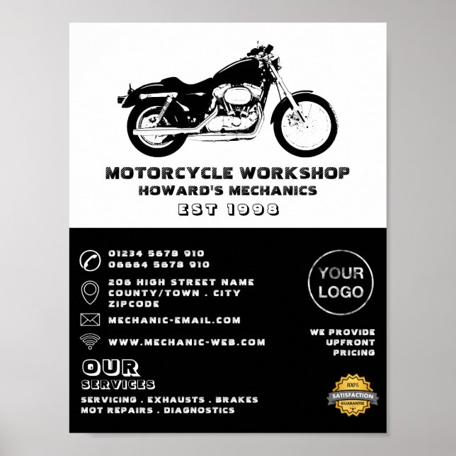 Motorcykelverkstad, mekanisk reklam och reparation poster (Framsidan)