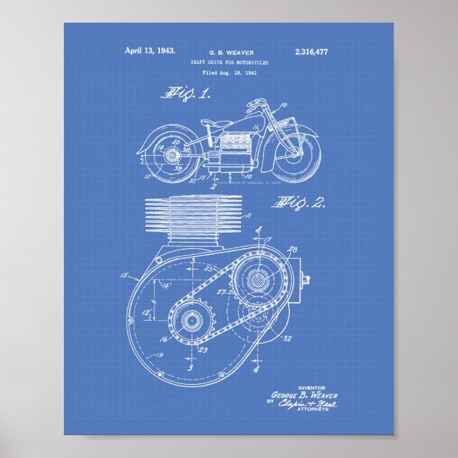 Motorcyklar 1943 Patent Art Blueprint Poster (Framsidan)