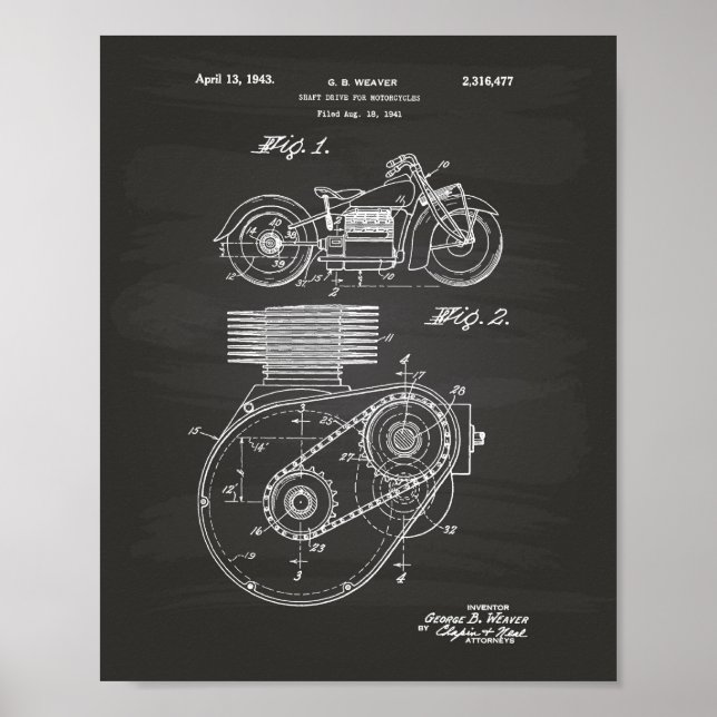 Motorcyklar 1943 Patent Art Chalkboard Poster (Framsidan)