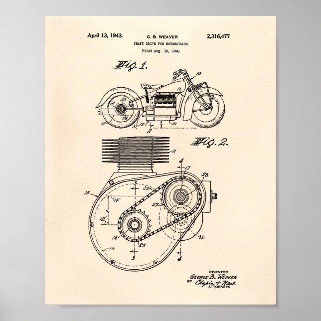 Motorcyklar 1943 Patent Art Old Peper Poster (Framsidan)