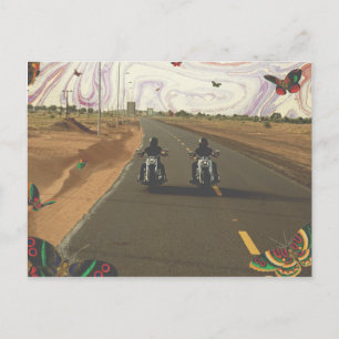 Motorcyklar på vägen marmorerad himmel collage vykort