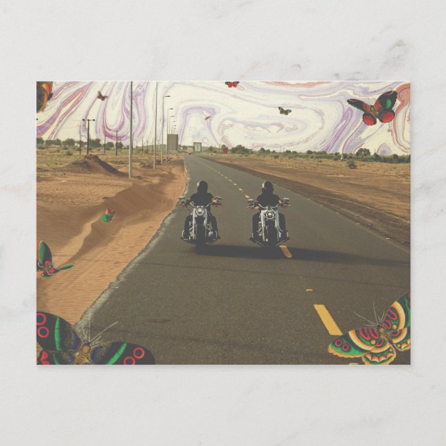 Motorcyklar på vägen marmorerad himmel collage vykort (Framsida)