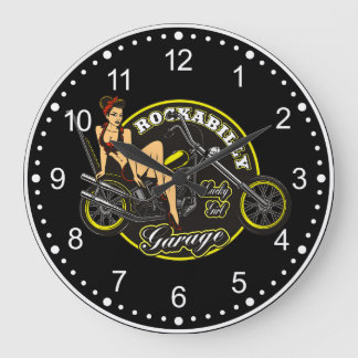 Motorcykliskt Pinup Babe Rockabilly Garage Stor Klocka