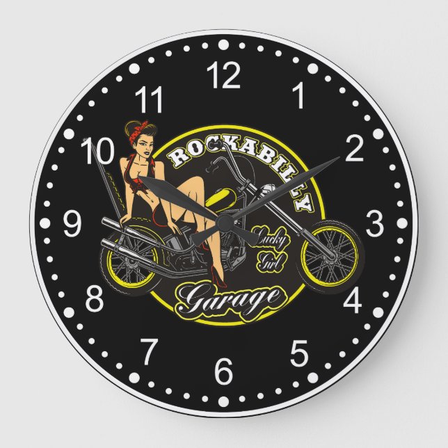 Motorcykliskt Pinup Babe Rockabilly Garage Stor Klocka (Framsida)