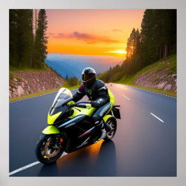 Motorcyklist Riding längs Mountain Road Poster