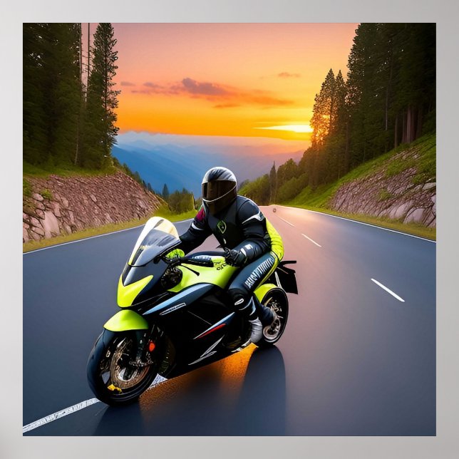 Motorcyklist Riding längs Mountain Road Poster (Framsidan)