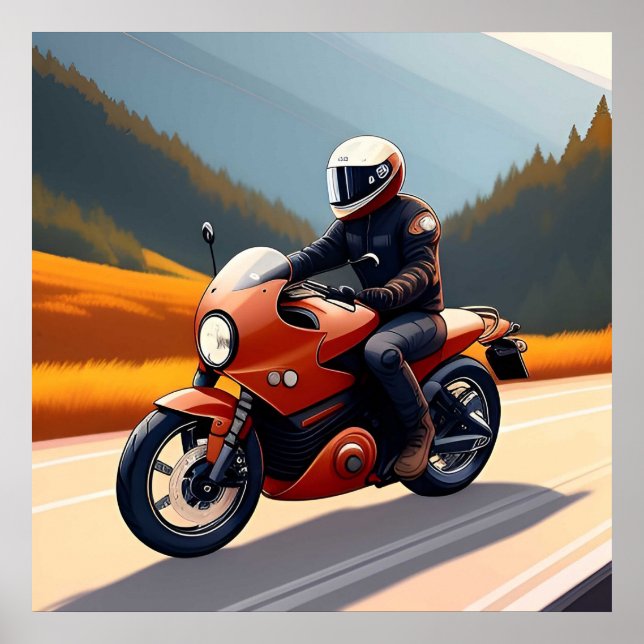 Motorcyklist Riding längs Mountain Road Poster (Framsidan)