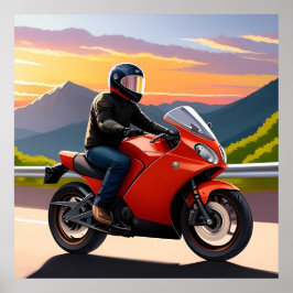 Motorcyklist Riding längs Mountain Road Poster