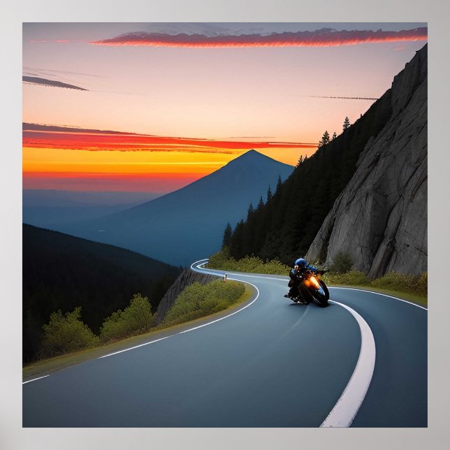 Motorcyklist Riding på Scenien Mountain Road Poster (Framsidan)