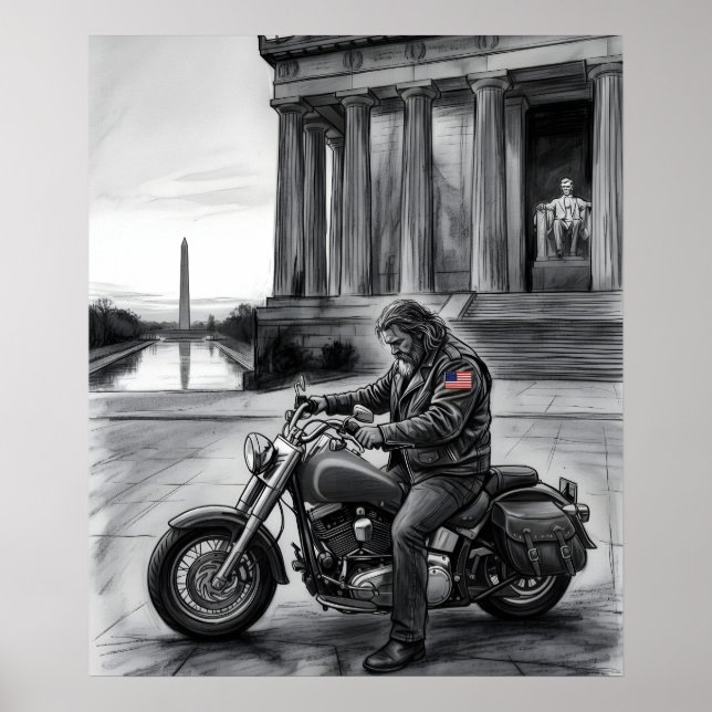 Motorcyklist vid Lincolnmonumentet Washingtonmonum Poster (Framsidan)