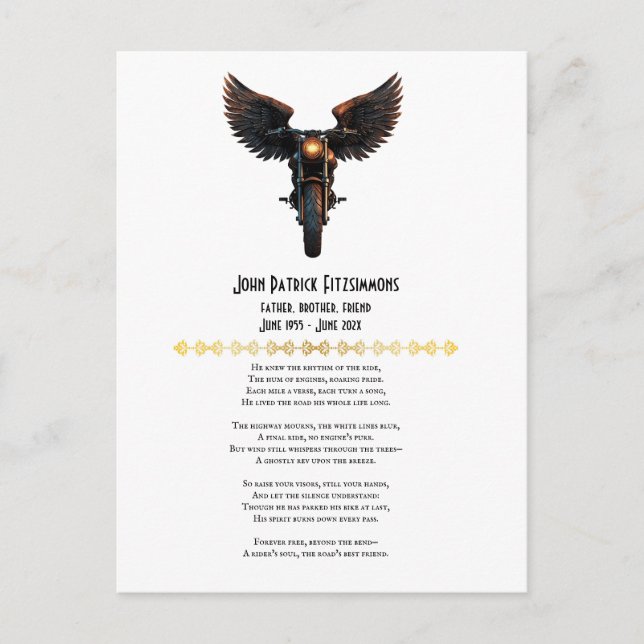 Motorcyklistens minnesdikt vykort (Framsida)