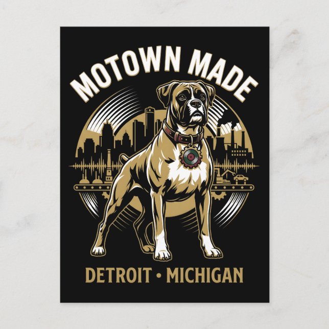 Motown Made Detroit Boxer Dog Labor & Music Pride  Vykort (Framsida)