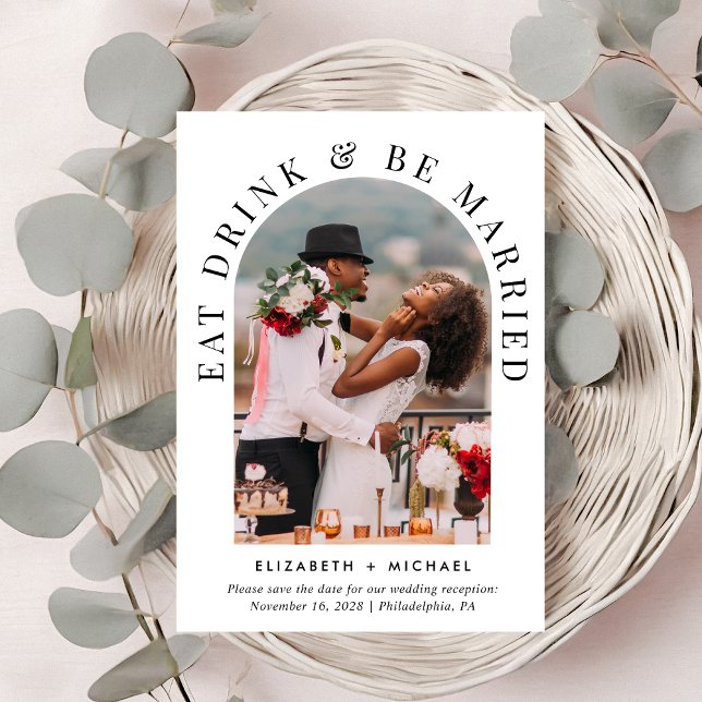 Mottagning av chic Arch-fotobröllop Spara Datumet (Celebrate your love story with a reception save the date showcasing your photo in an arch frame)