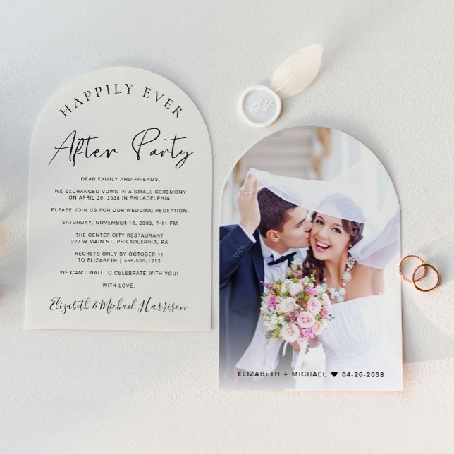 Mottagning av chic Photo Cream Arch-bröllop Inbjudningar (An chic Happily Ever After Party arch photo invitation for your wedding reception)