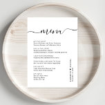 Mottagning av chic Script-bröllop Meny<br><div class="desc">Chicens bröllopsmiddagsmeny med "meny" i ett snyggtens kalligrafiskript med dekorationer,  din anpassade meny i enkel modern typografi,  ditt första namn gått med av ett hjärta och ditt mottagningsdatum.</div>