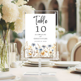 Mottagning av Dusty Blue Wildblomme Elegant bröllo Bordsnummer