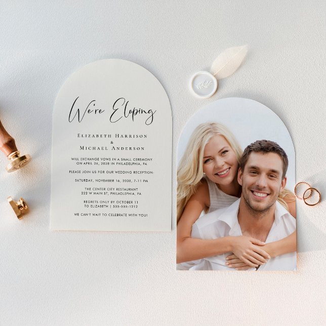 Mottagning av elegant Elopement Photo Arch-bröllop Inbjudningar (Celebrate your love story with a chic arch-shaped elopement announcement and reception invitation)