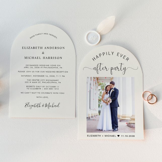 Mottagning av elegant Photo Arch Cream-bröllop Inbjudningar (An elegant Happily Ever After Party reception invitation to set the tone for an unforgettable event)