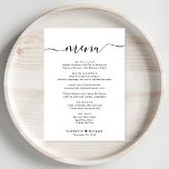 Mottagning av elegant Script-bröllop Meny<br><div class="desc">Menyn för elegant bröllop-middag med "meny" i ett chic-calligrafi-skript med dekortecken,  din anpassade meny i enkel typografi,  ditt första namn gått med av ett hjärta och ditt mottagningsdatum.</div>