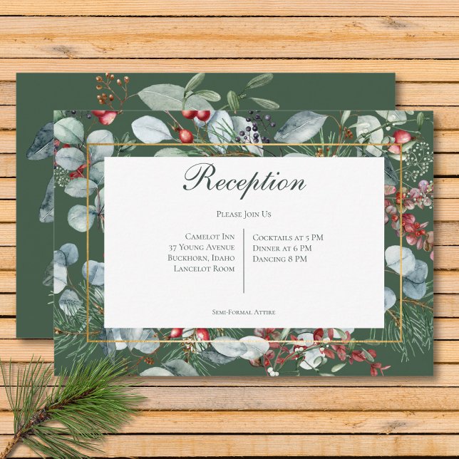 Mottagning av Grönt för vinterjulklapp Tilläggskort (Winter Christmas Greenery Green Reception Enclosure Card)