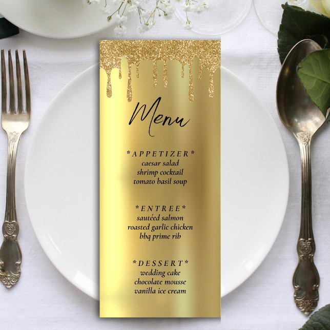 Mottagning av guld Glitter-gaffelvagnsbröllop Meny (Gold Glitter Drip Wedding Reception Menu)