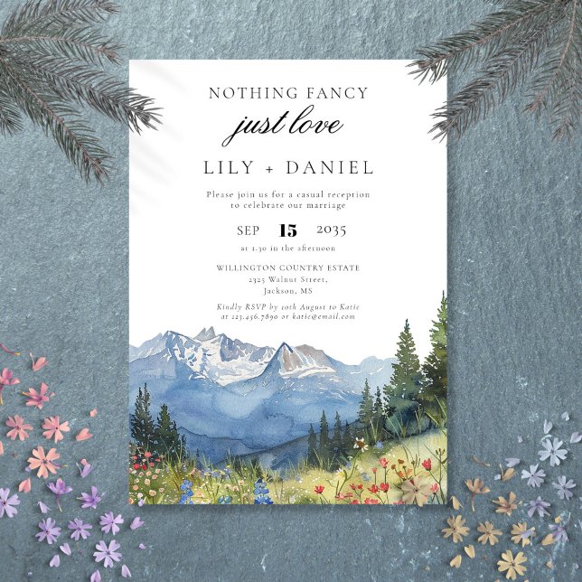 Mottagning av lansering av höjdvattenfärgsberg inbjudningar (Elopement Watercolor Mountain Wedding Reception Invitation)
