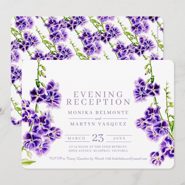 Mottagning av lila blommor vattenfärgskväll inbjudningar (Fram/baksida)