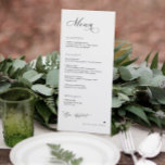 Mottagning av lyxkalligrafi Elegant bröllop Meny<br><div class="desc">Enkel middagsmeny i elegant bröllop: Den här eleganten och den enkla svarta och vita menyn i bröllop ger en mjuk, romantisk känsla som kompletterar alla moderna och tidlösa teman i bröllop. Personlig med parets namn, på menyns framsida, visar på ett vackert sätt varje kurs i en ren och sofistikerad utformning...</div>