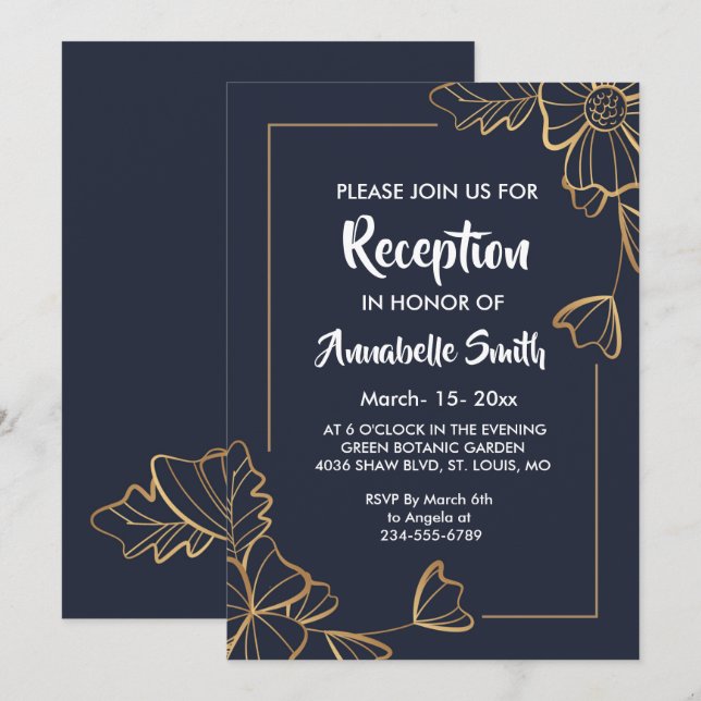 Mottagning av marin och gyllene blommigt inbjudningar (Fram/baksida)