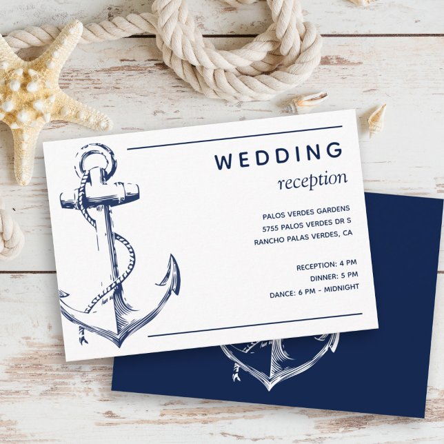 Mottagning av naviskt ankarbröllop tilläggskort (Wedding reception invitation that features an anchor and is in a navy and white classic theme.)