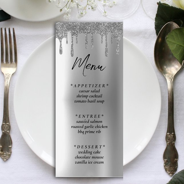 Mottagning av silver Glitter-gaffelvagnsbröllop Meny (Silver Glitter Drip Wedding Reception Menu)