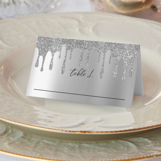 Mottagning av silver Glitter-gaffelvagnsbröllop Placeringskort (Silver Glitter Drip Wedding Reception Place Card)