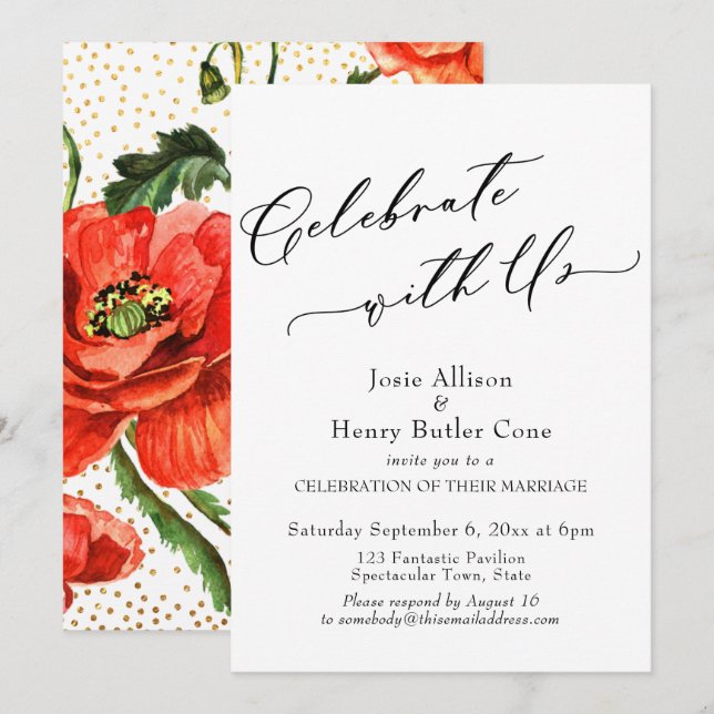 Mottagning för firande Vallmo Guld Konfetti Inbjudningar (Fram/baksida)