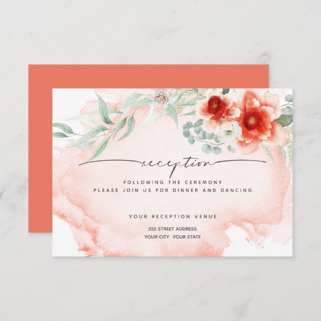 Mottagning | Vattenfärgade korallblommor Inbjudningar (Fram/baksida)
