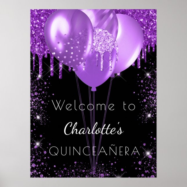 Mottagningsballonger för Quinceanera Black lila gl Poster (Framsidan)