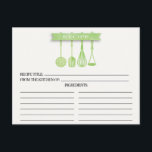 Mottagningskort för vattenfärgsUtensils Möhippa Vykort<br><div class="desc">Modern Möhippa Kitchen Utensils Recipe-kort med en grönt vattenfärgad fläckig punkt, spatula, whisk & masher med en vattenfärgskanner som visar texten "recept" på vit bakgrund. Framsidan av vårt recept-kort ger utrymme för en receptitel, från köket och ingrediensutrymme. Vänd receptkortet om du vill visa riktningar, förinställningstid och total tid. Finns i...</div>