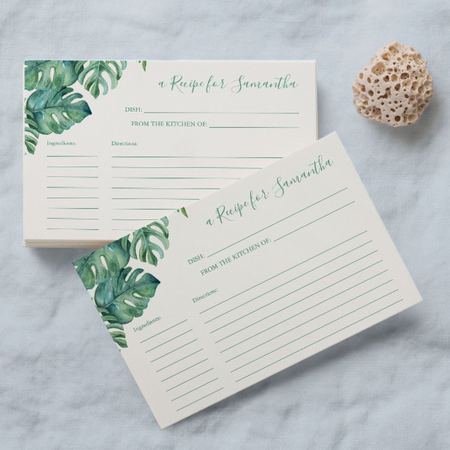 Mottagningskort Tropical Greenery Inbjudningar (Recipe cards for bridal shower watercolor tropical monstera palm leaf art by Victoria Grigaliunas )