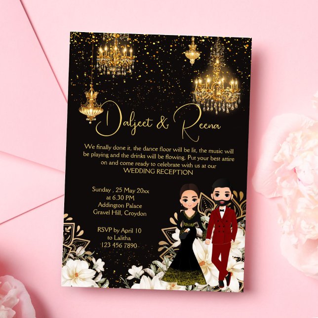 Mottagningsmall för indisk par-chic inbjudningar (Dancing Indian couple caricature chic reception invitation editable template digital download)