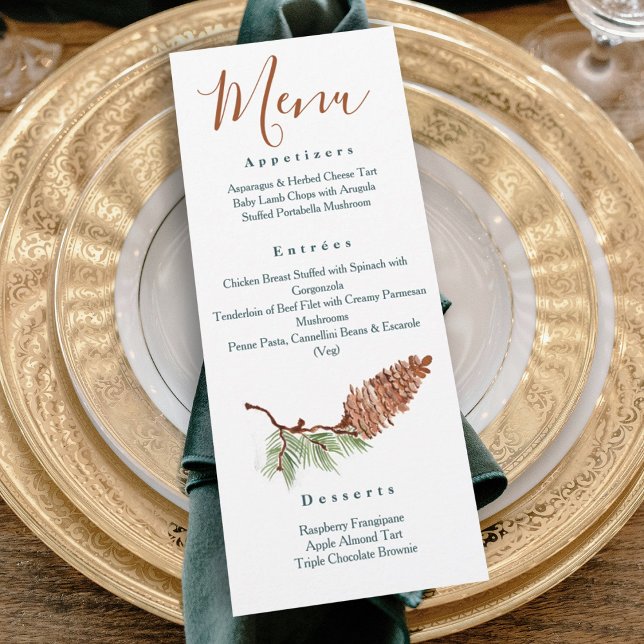 Mottagningsmenyn för mottagningsmidmeny för Rustic Inbjudningar (rustic winter pinecone wedding reception dinner menu terracotta brown green winter wedding colors)