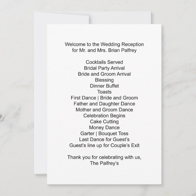 Mottagningsschema herr Palfrey och fru Inbjudningar (Framsida)