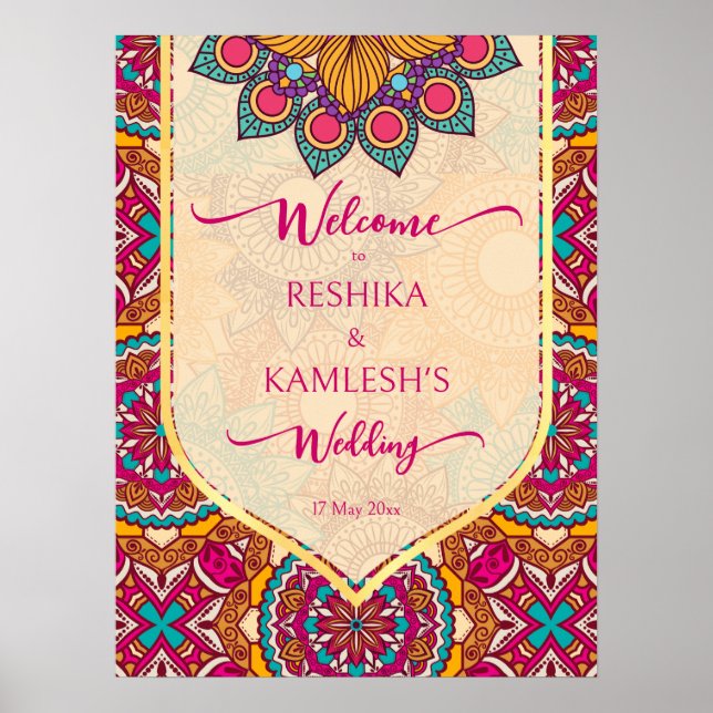Mottagningsskylt för Cerise mandala rangoli bröllo Poster (Framsidan)