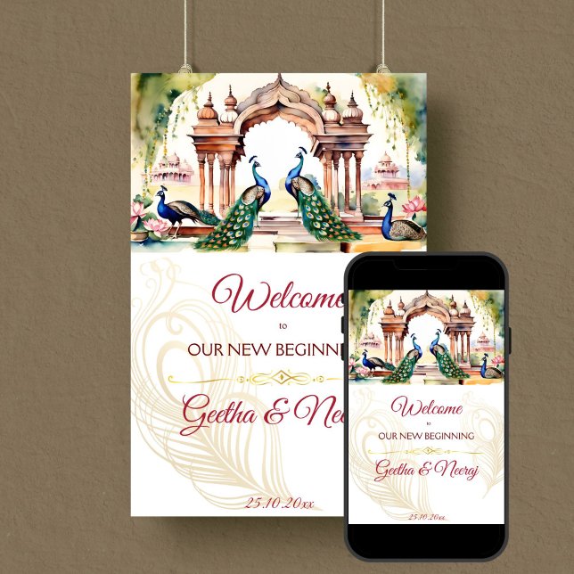 Mottagningsskylt för målarter i bröllop poster (Peacocks lotus royal garden Indian wedding welcome sign editable template digital download)