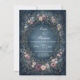 Mottled Indigo Royal Ornate Oval Wedding Inbjudningar