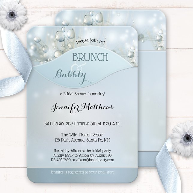 Moukling Bubly Brunch Inbjudningskort för möhippan (Bubbles and brunch bridal shower invitation featuring dandelions and light sparkles on dusty blue)